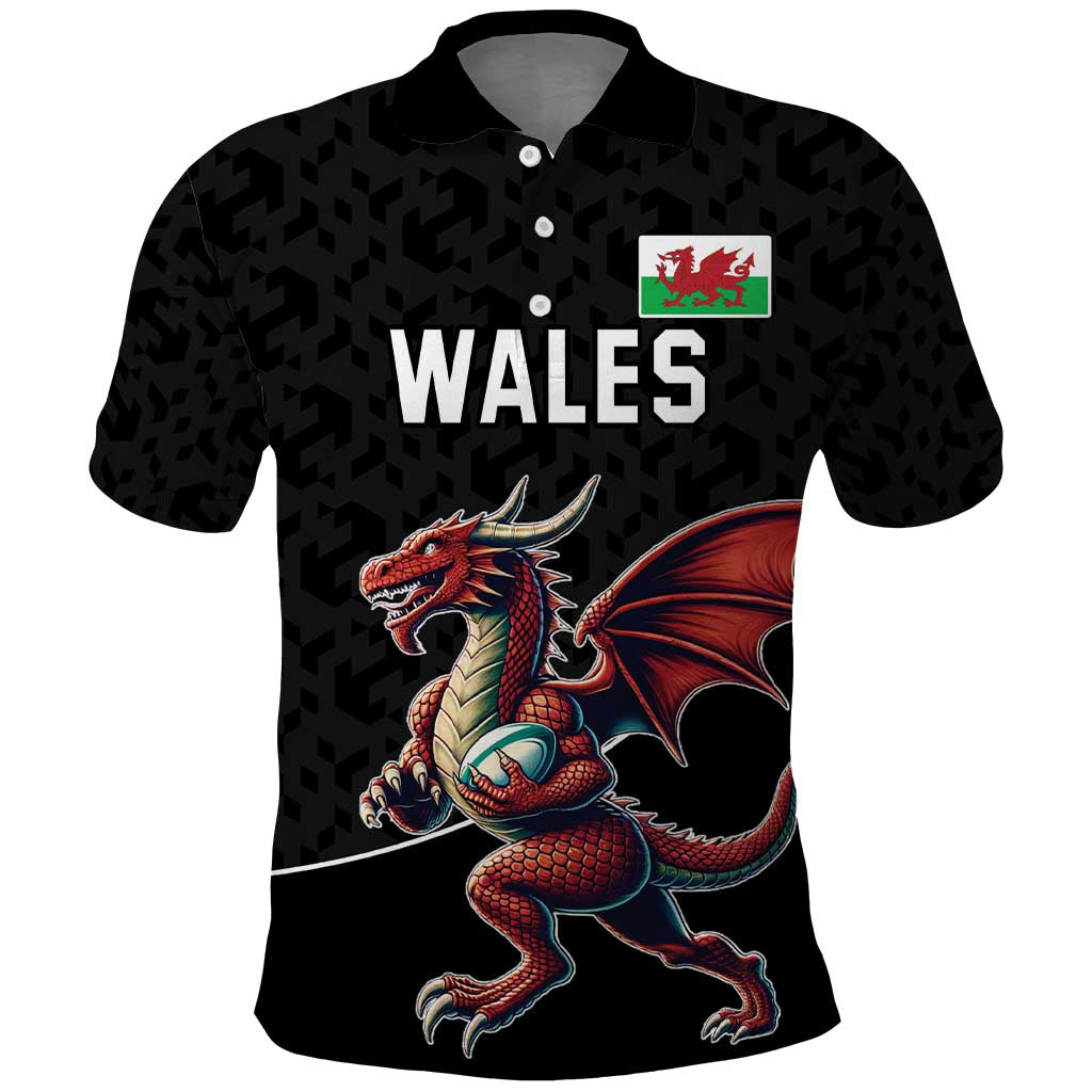 Custom Wales Rugby Polo Shirt Welsh Dragon Mascot Black Version LT18
