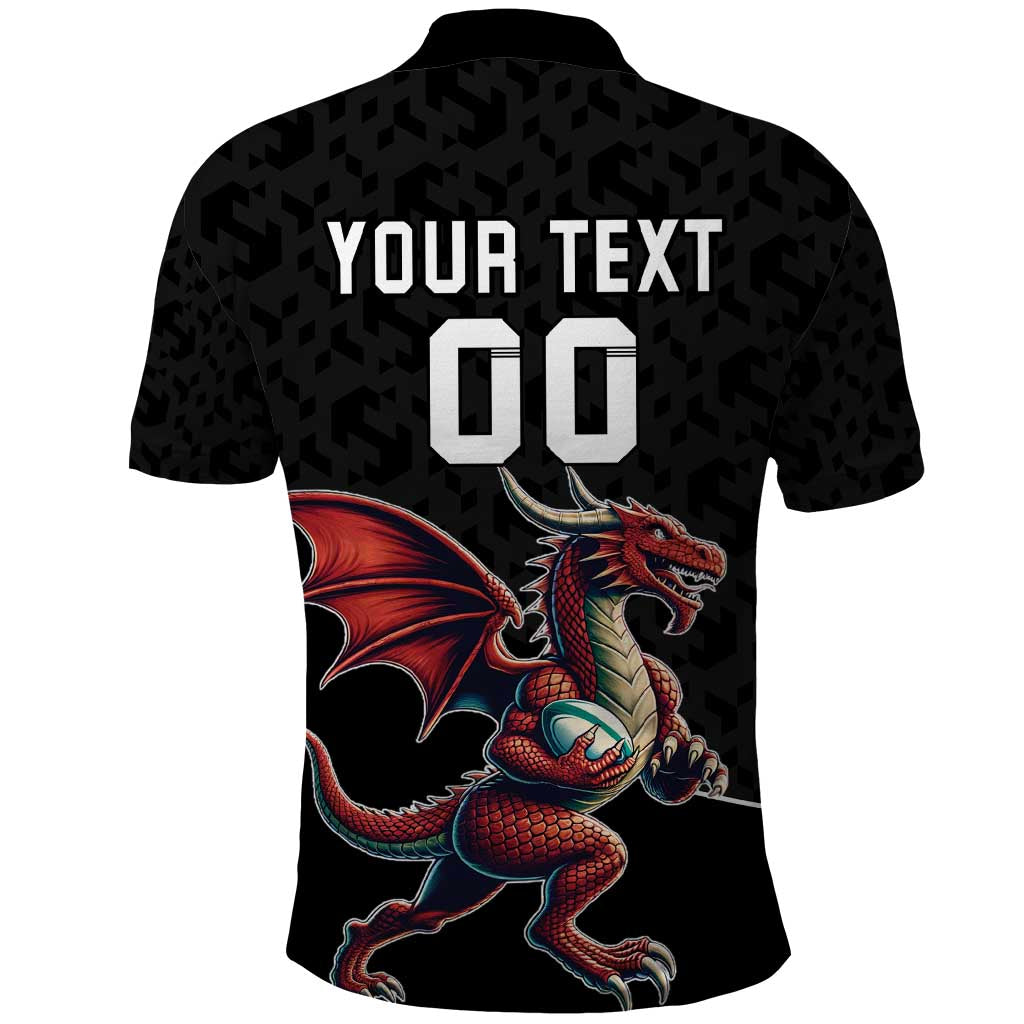 Custom Wales Rugby Polo Shirt Welsh Dragon Mascot Black Version LT18