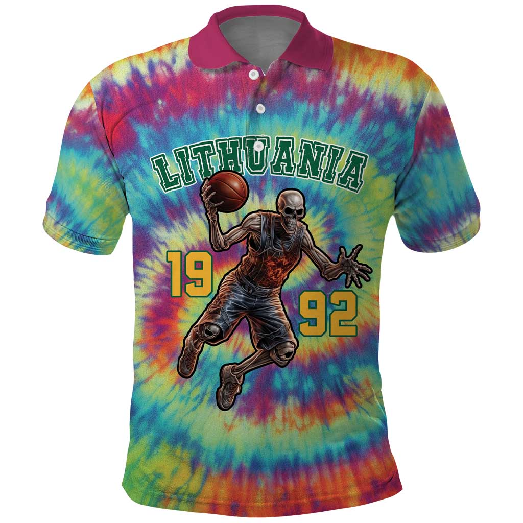 Custom Lithuania Basketball Skeleton 1992 Polo Shirt Tie Dye Pattern LT18
