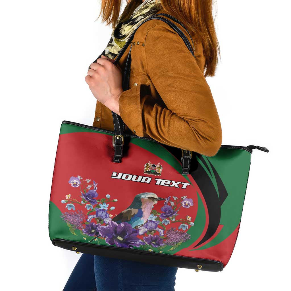 Personalized Kenya Lilac Breasted Roller Leather Tote Bag With Violet Flowers LT18