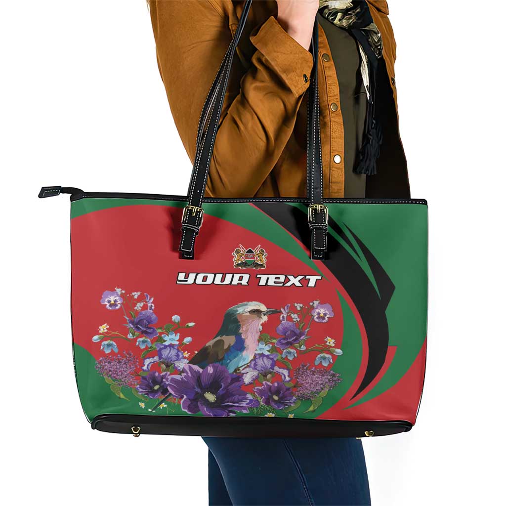Personalized Kenya Lilac Breasted Roller Leather Tote Bag With Violet Flowers LT18