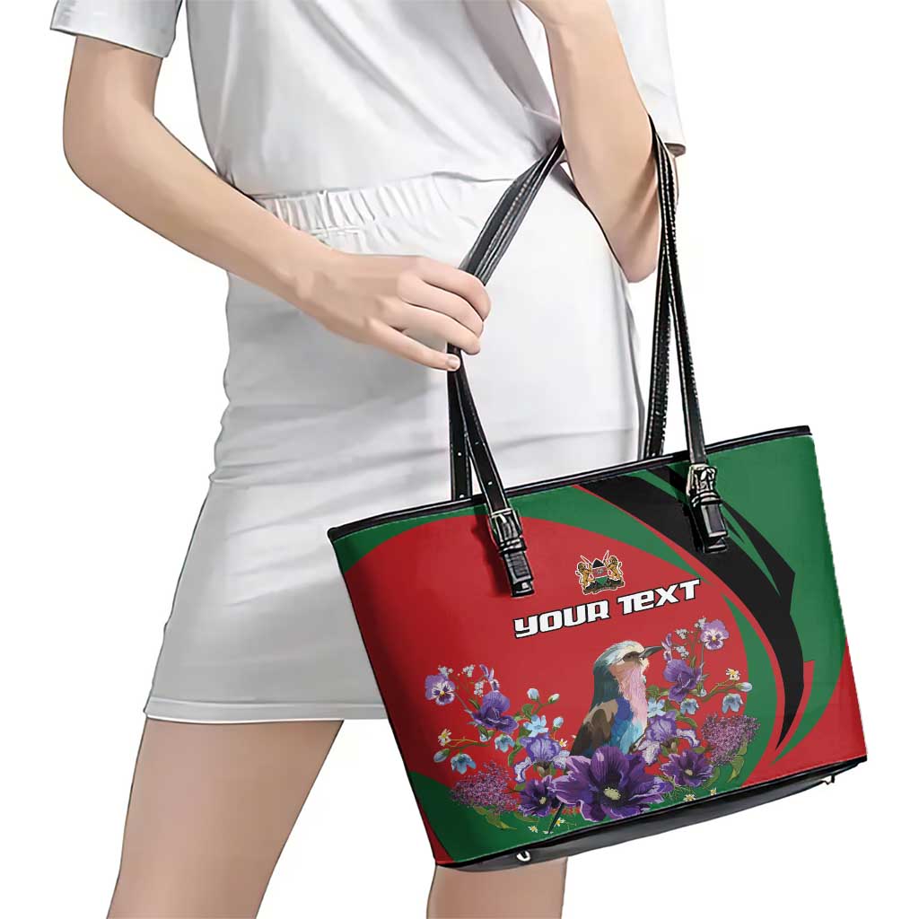 Personalized Kenya Lilac Breasted Roller Leather Tote Bag With Violet Flowers LT18