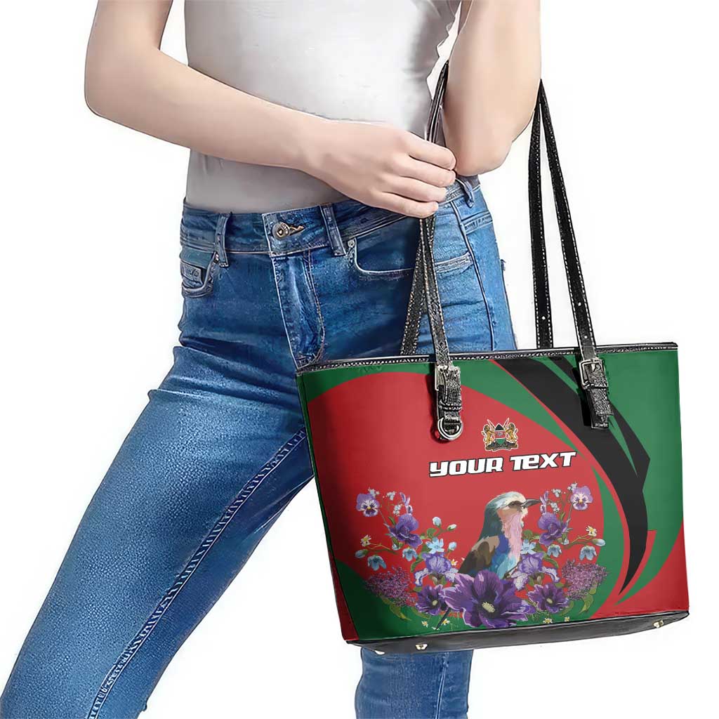 Personalized Kenya Lilac Breasted Roller Leather Tote Bag With Violet Flowers LT18