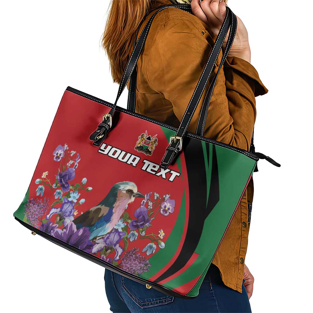 Personalized Kenya Lilac Breasted Roller Leather Tote Bag With Violet Flowers LT18