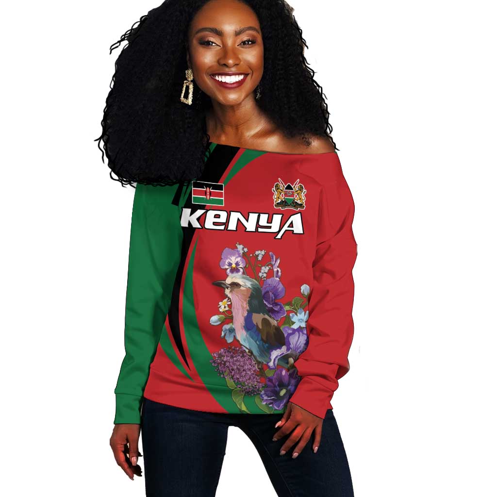 Personalized Afro Kenya Lilac Breasted Roller Off Shoulder Sweater With Violet Flowers LT18