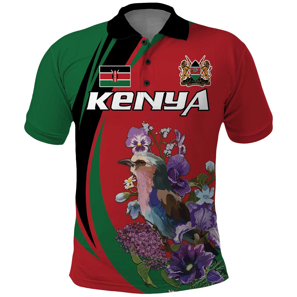 Personalized Kenya Lilac Breasted Roller Polo Shirt With Violet Flowers LT18