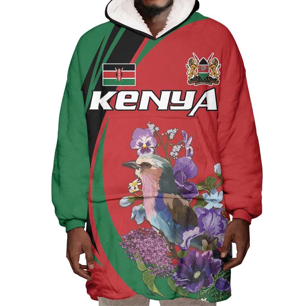 Personalized Afro Kenya Lilac Breasted Roller Wearable Blanket Hoodie With Violet Flowers LT18