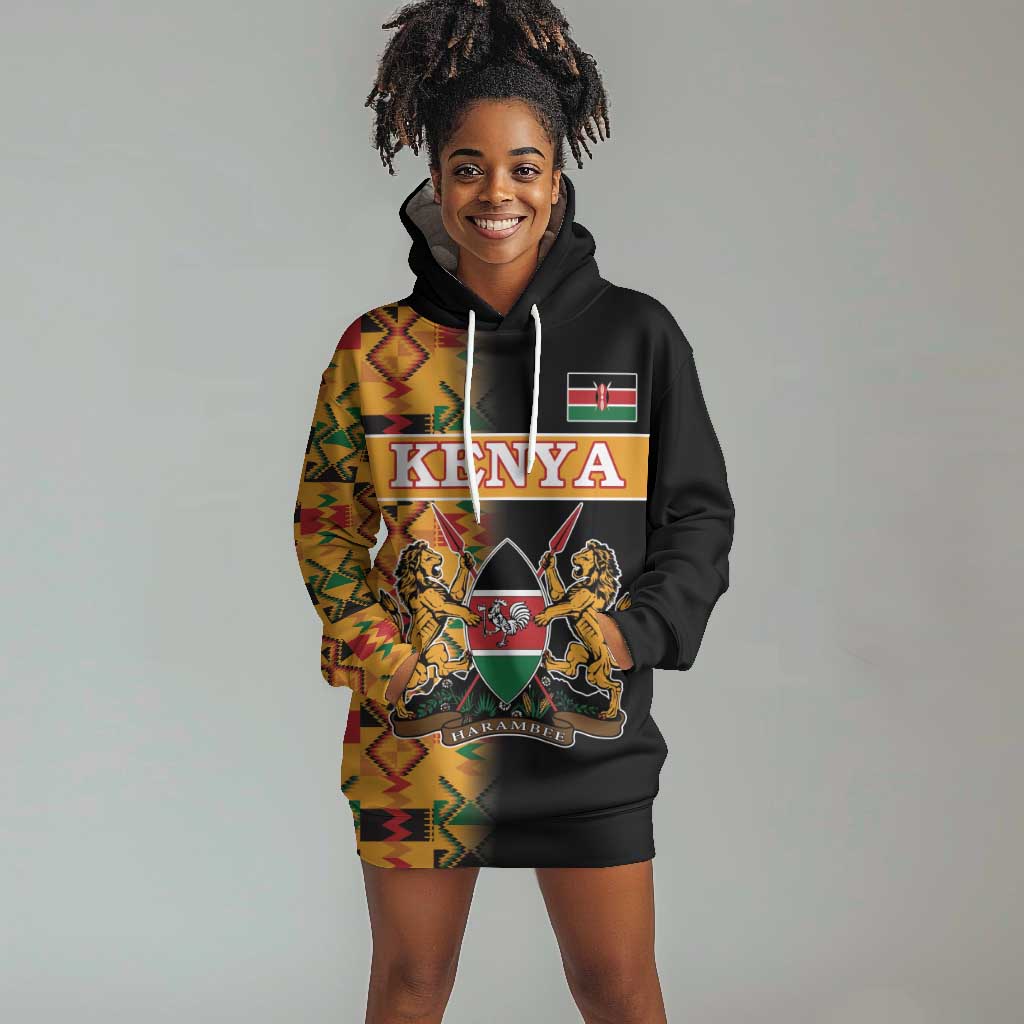 Custom Afro Kenya Coat Of Arms Hoodie Dress With Kente Patterns LT18