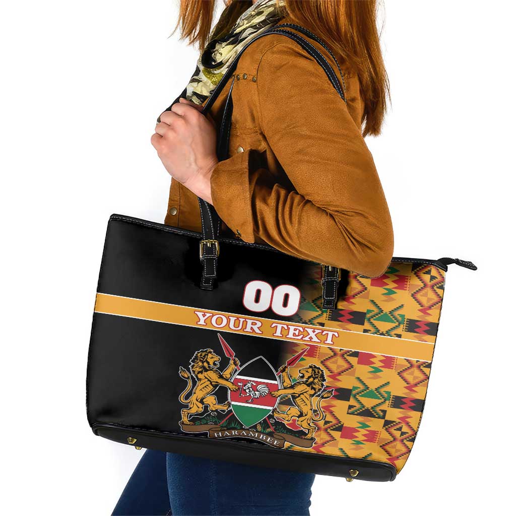 Custom Kenya Coat Of Arms Leather Tote Bag With Kente Patterns LT18