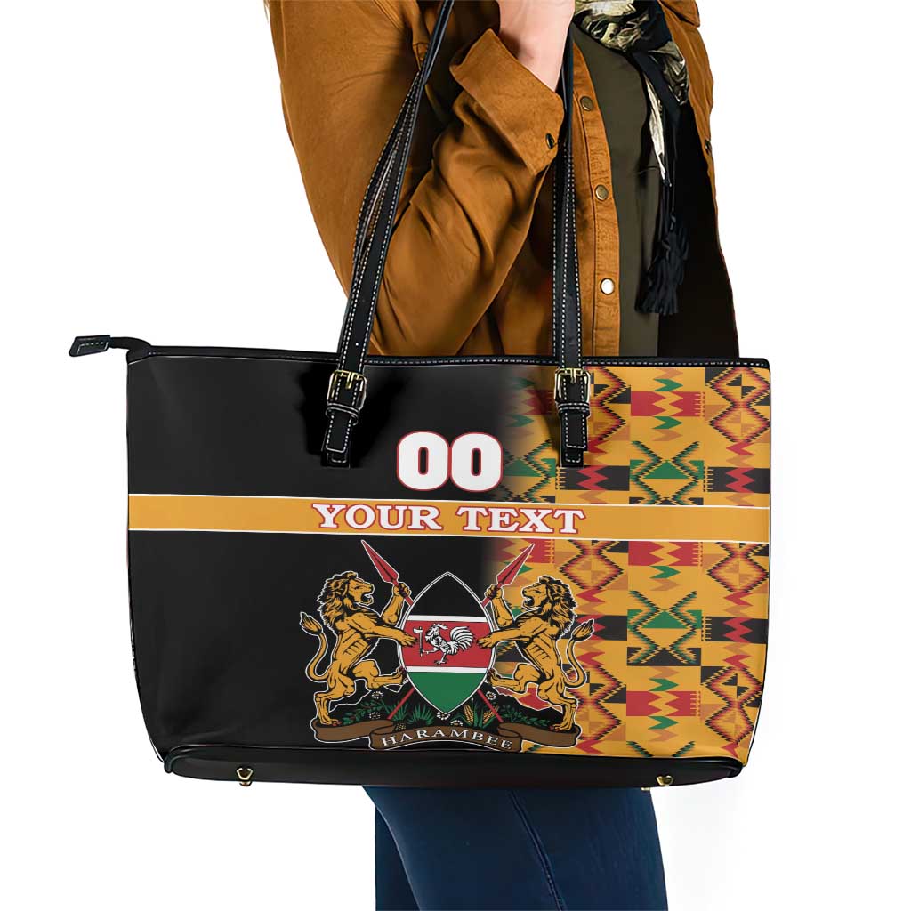 Custom Kenya Coat Of Arms Leather Tote Bag With Kente Patterns LT18