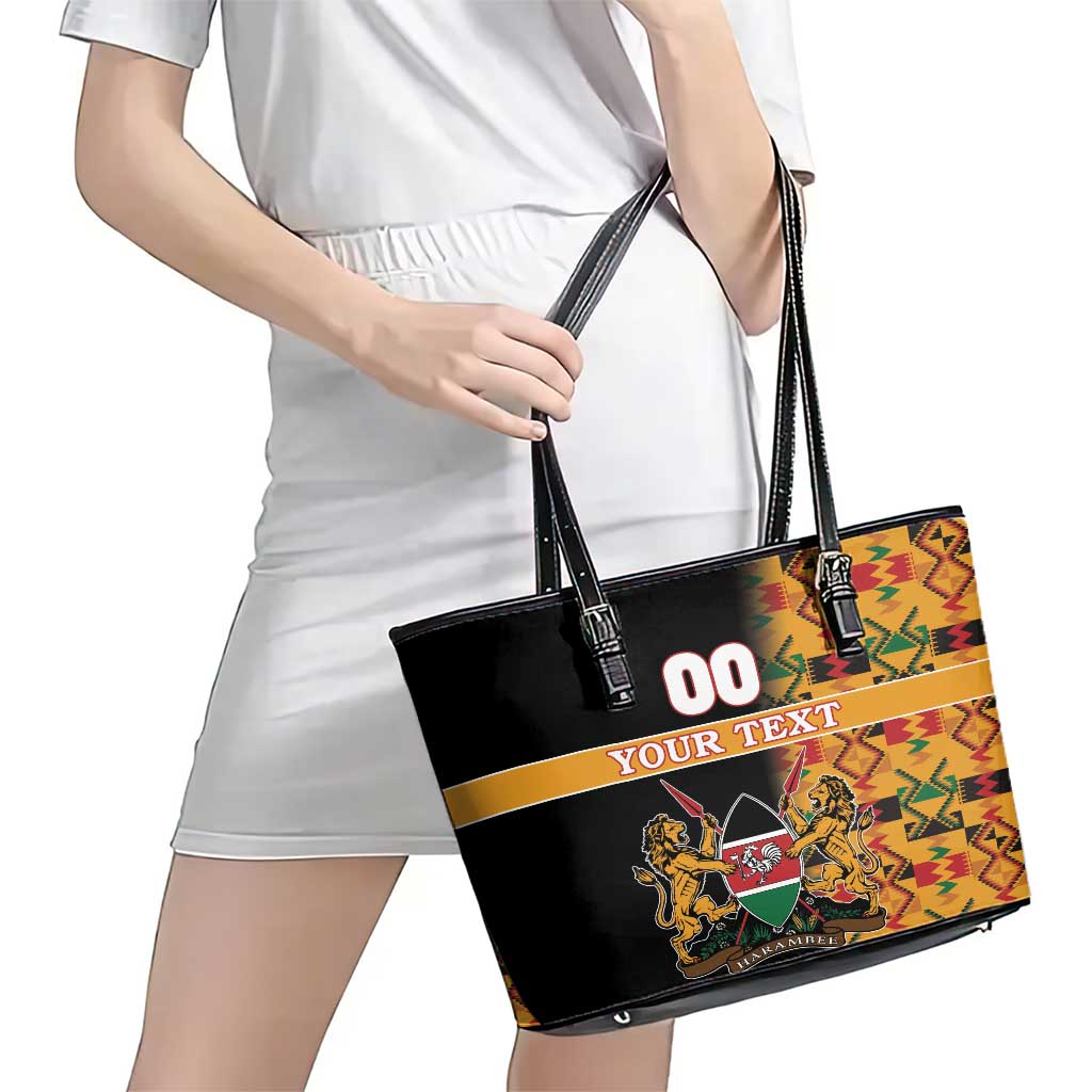 Custom Kenya Coat Of Arms Leather Tote Bag With Kente Patterns LT18