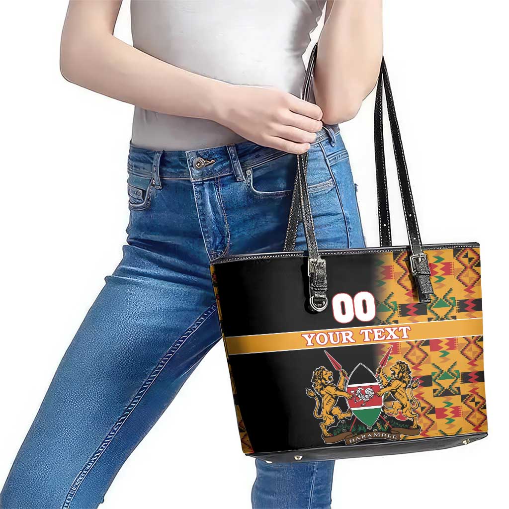 Custom Kenya Coat Of Arms Leather Tote Bag With Kente Patterns LT18