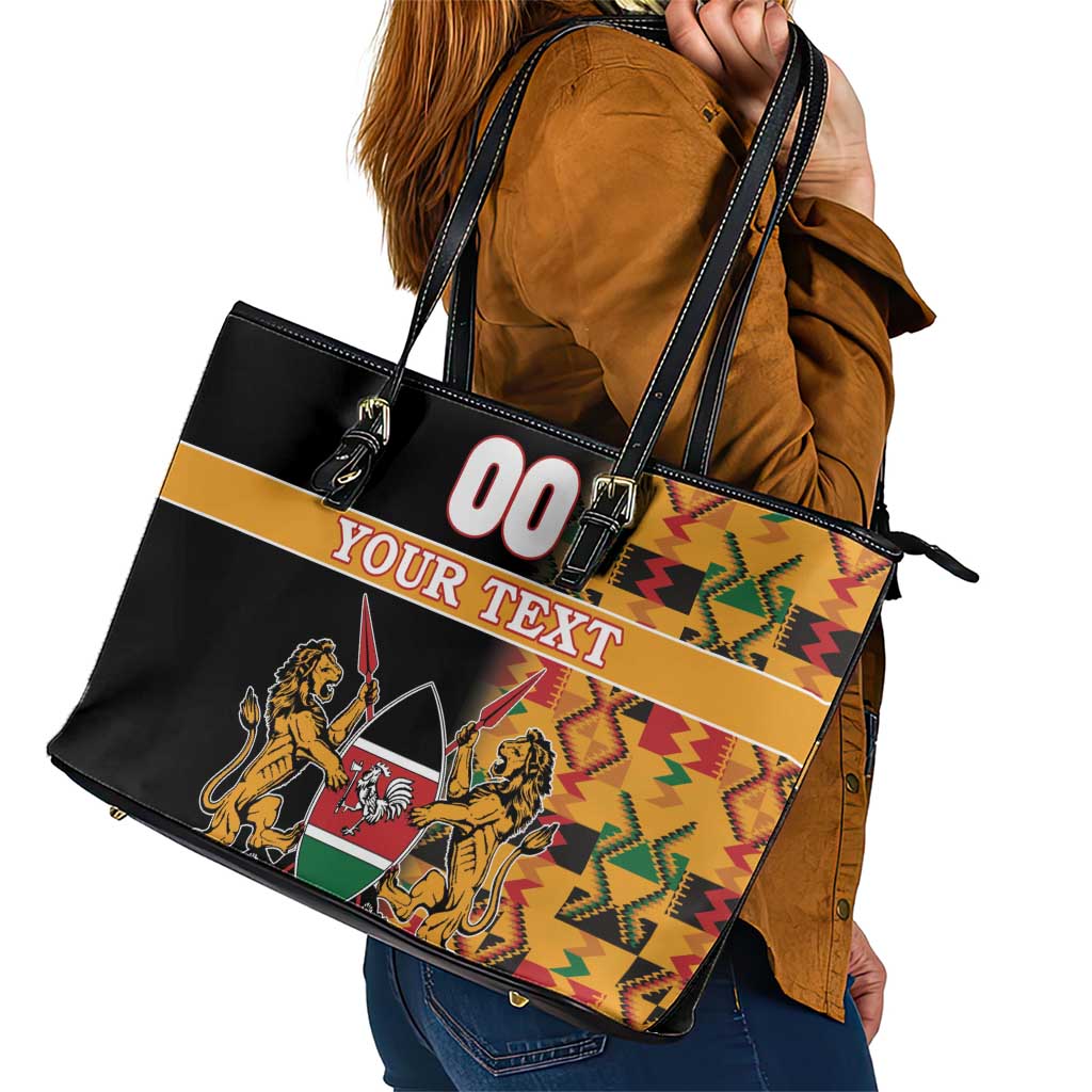 Custom Kenya Coat Of Arms Leather Tote Bag With Kente Patterns LT18