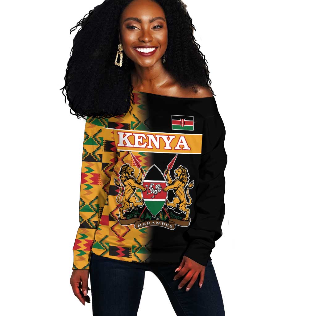 Custom Afro Kenya Coat Of Arms Off Shoulder Sweater With Kente Patterns LT18