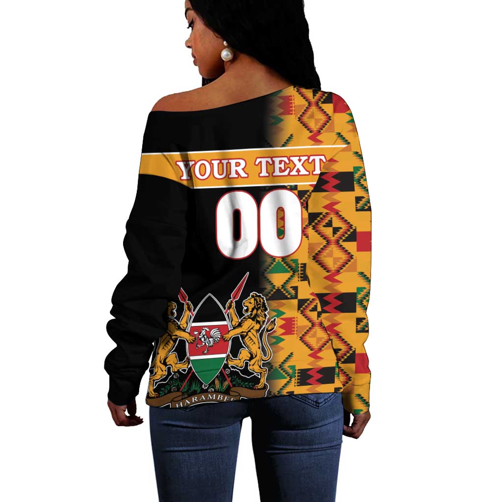 Custom Afro Kenya Coat Of Arms Off Shoulder Sweater With Kente Patterns LT18