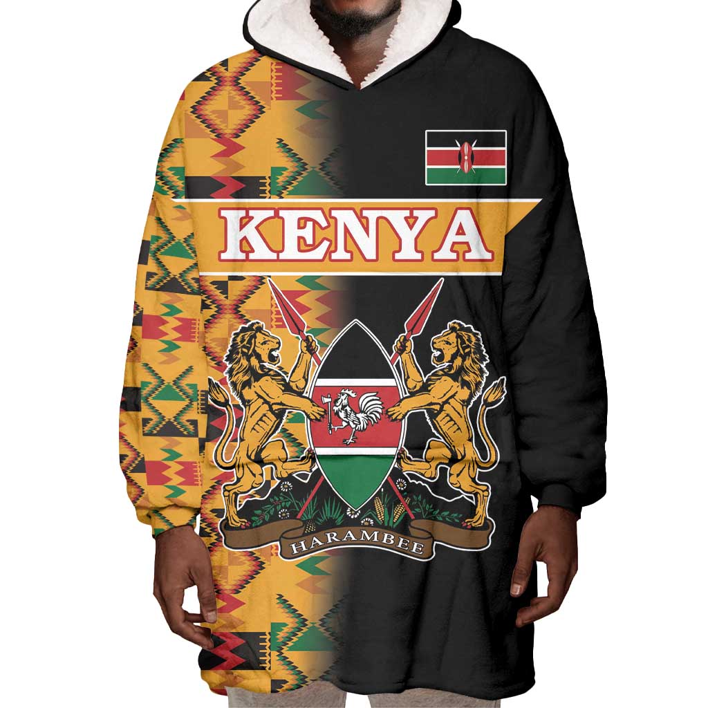 Custom Afro Kenya Coat Of Arms Wearable Blanket Hoodie With Kente Patterns LT18