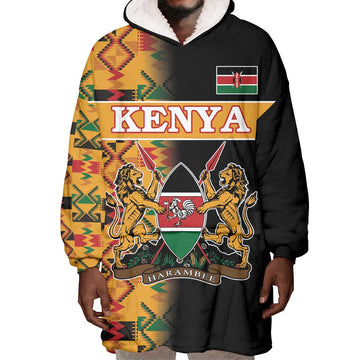 Custom Afro Kenya Coat Of Arms Wearable Blanket Hoodie With Kente Patterns LT18