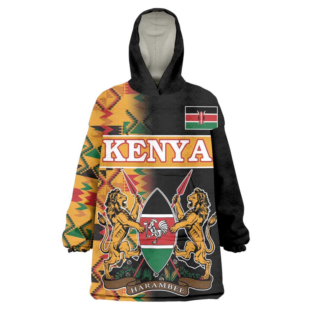 Custom Afro Kenya Coat Of Arms Wearable Blanket Hoodie With Kente Patterns LT18