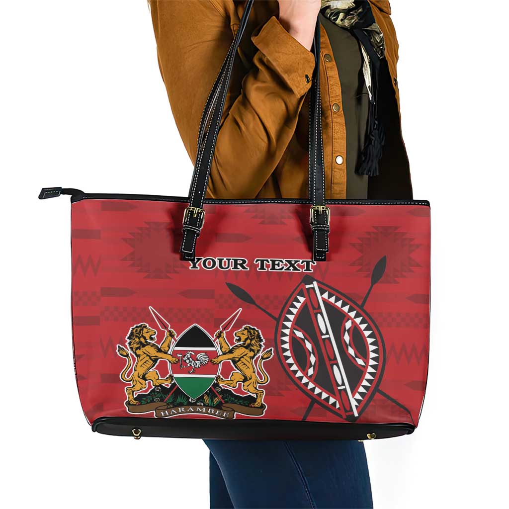 Personalized Kenya Coat Of Arms Leather Tote Bag Ethnic Seamless Pattern LT18