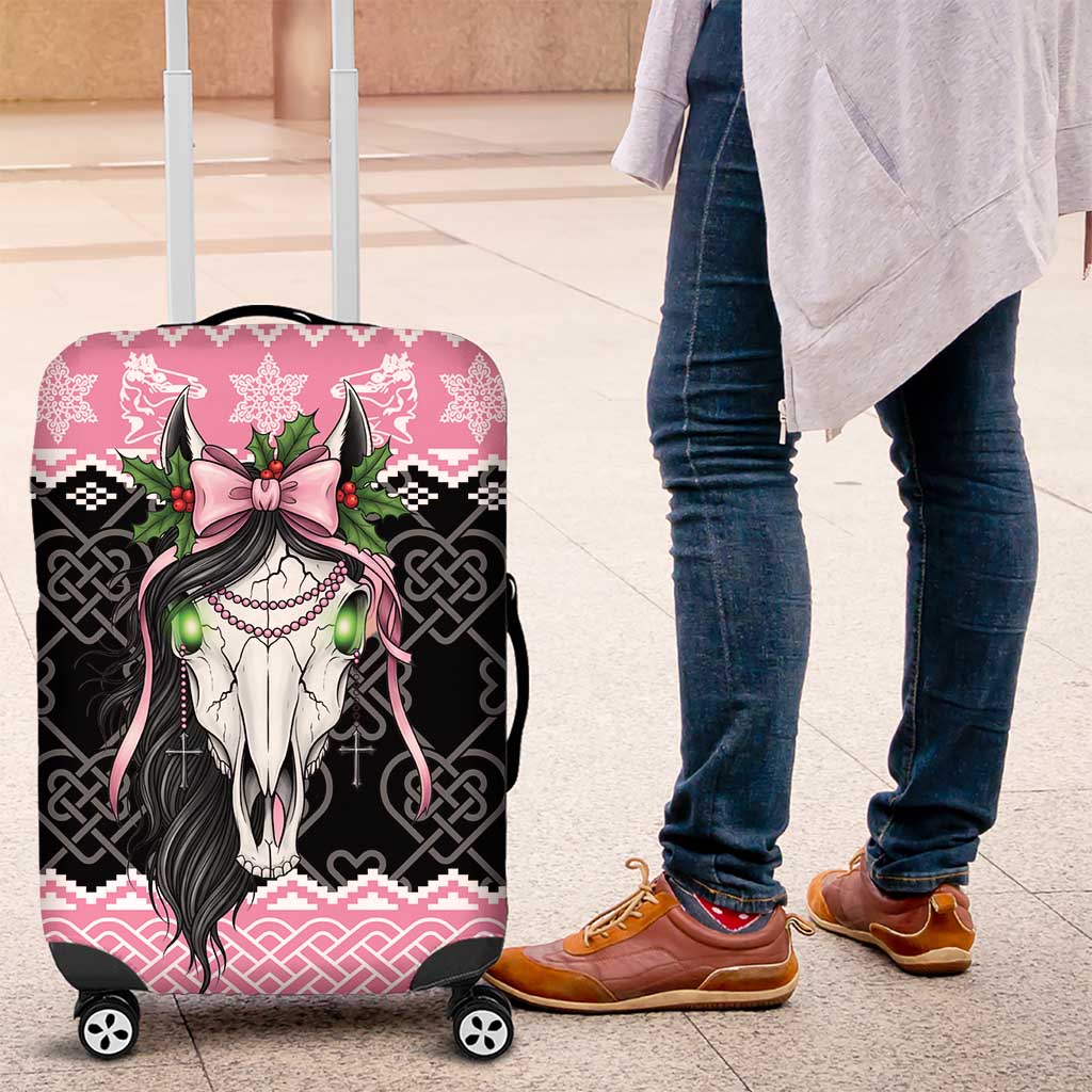 Anglesey Wales Christmas Luggage Cover Pink Mari Lwyd Welsh Celtic Knot LT19