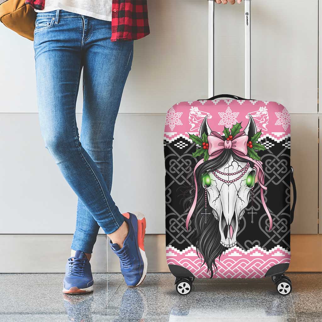 Anglesey Wales Christmas Luggage Cover Pink Mari Lwyd Welsh Celtic Knot LT19