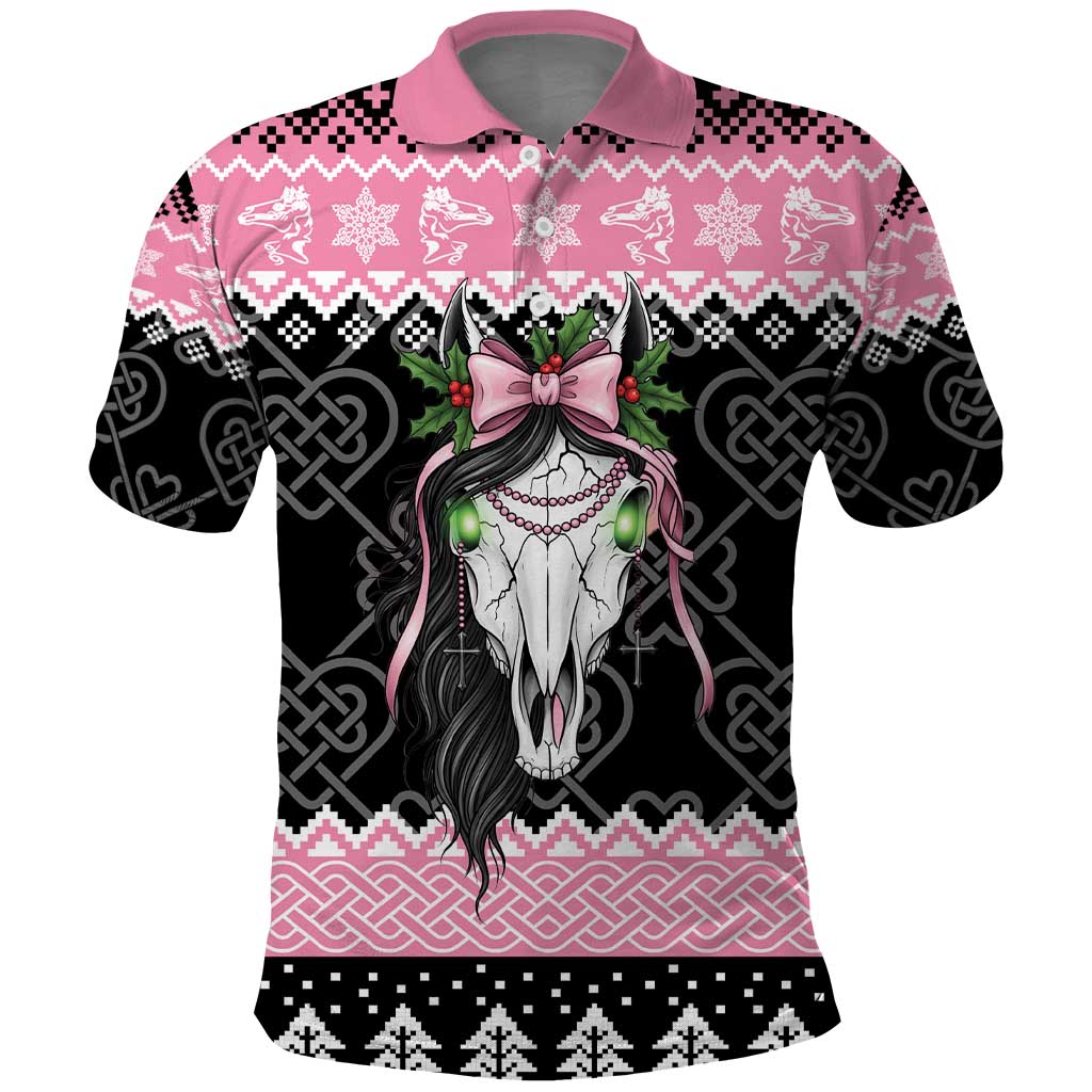 Anglesey Wales Christmas Polo Shirt Pink Mari Lwyd Welsh Celtic Knot LT19