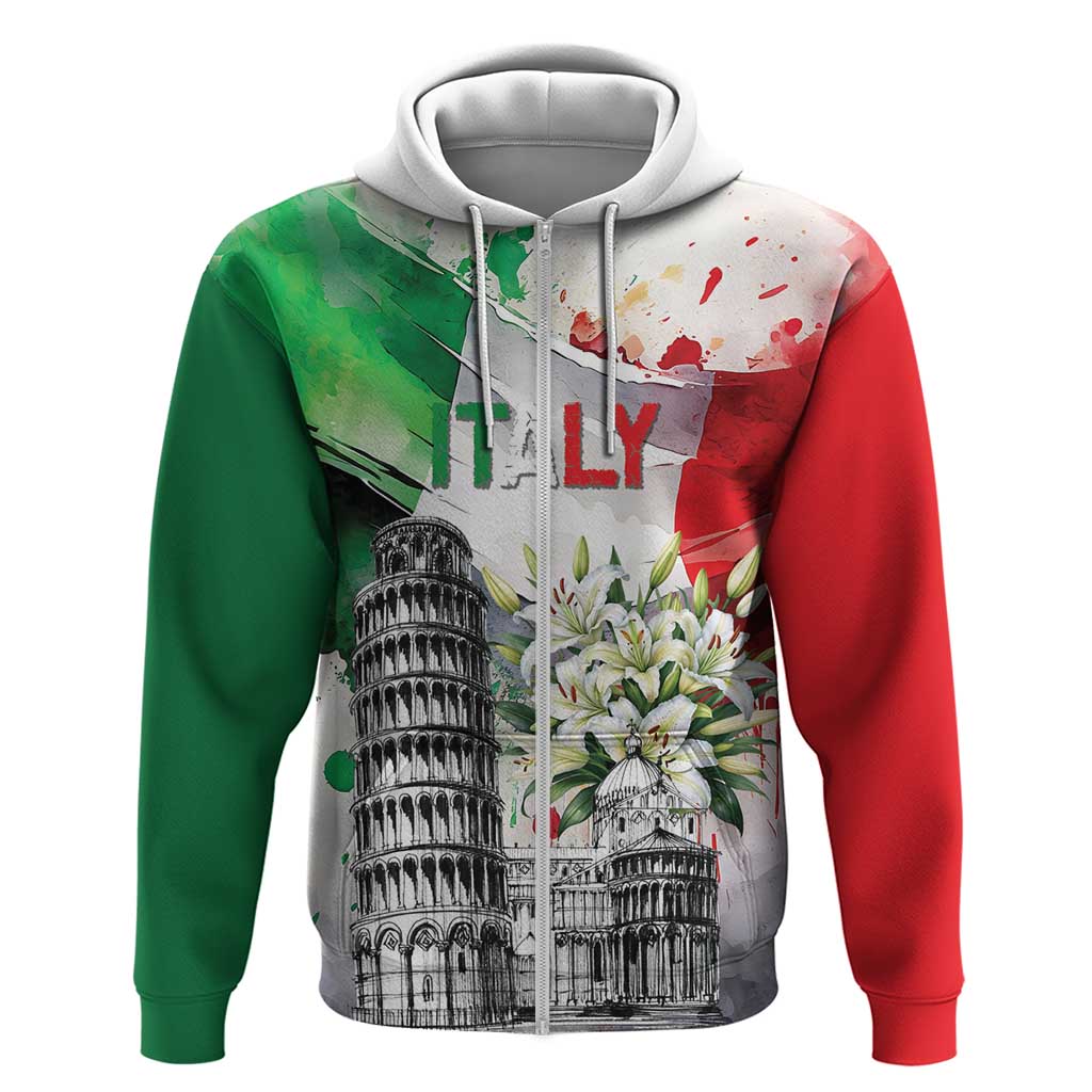 Italy Pisa Tower Hoodie White Lily With Flag Style LT19