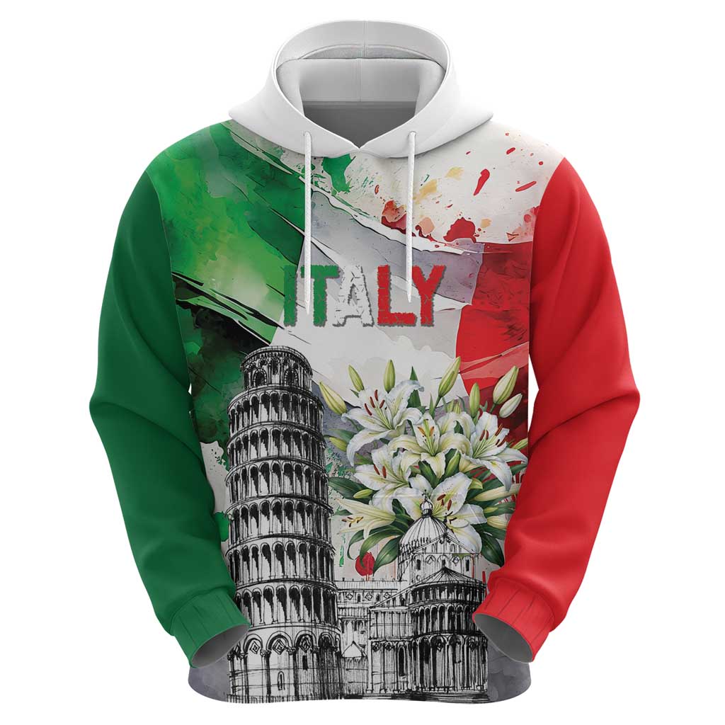 Italy Pisa Tower Hoodie White Lily With Flag Style LT19
