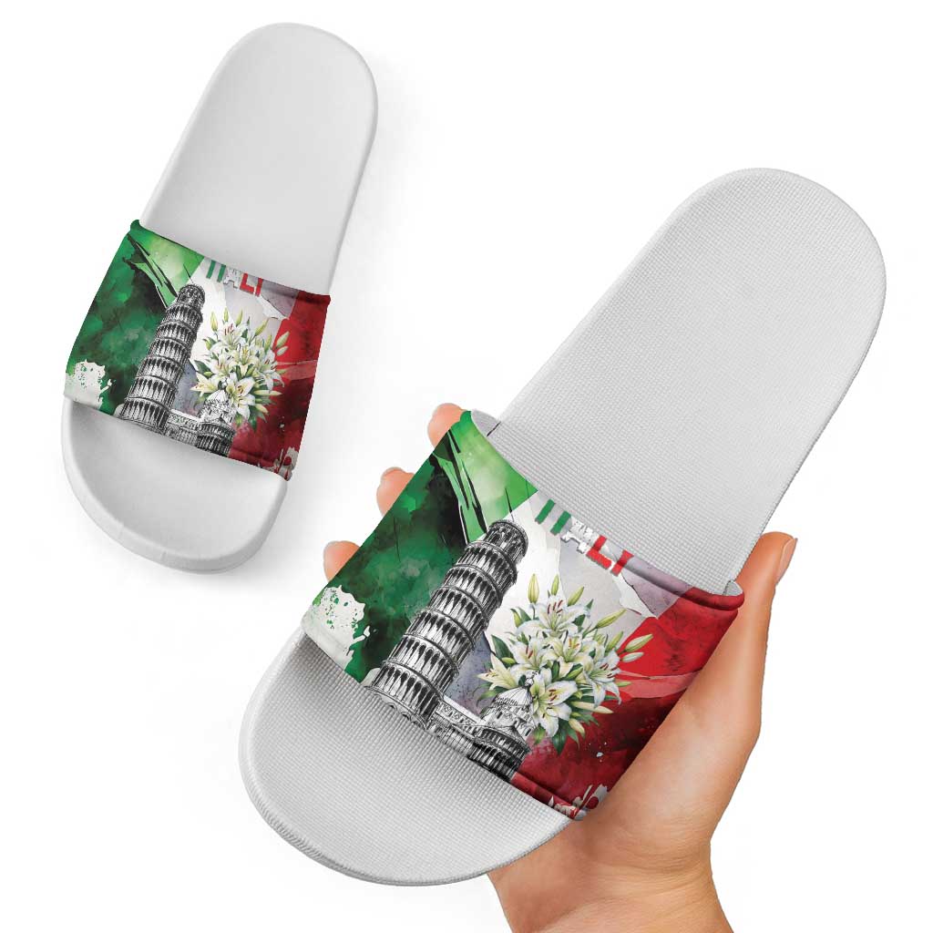 Italy Pisa Tower Slide Sandals White Lily With Flag Style LT19