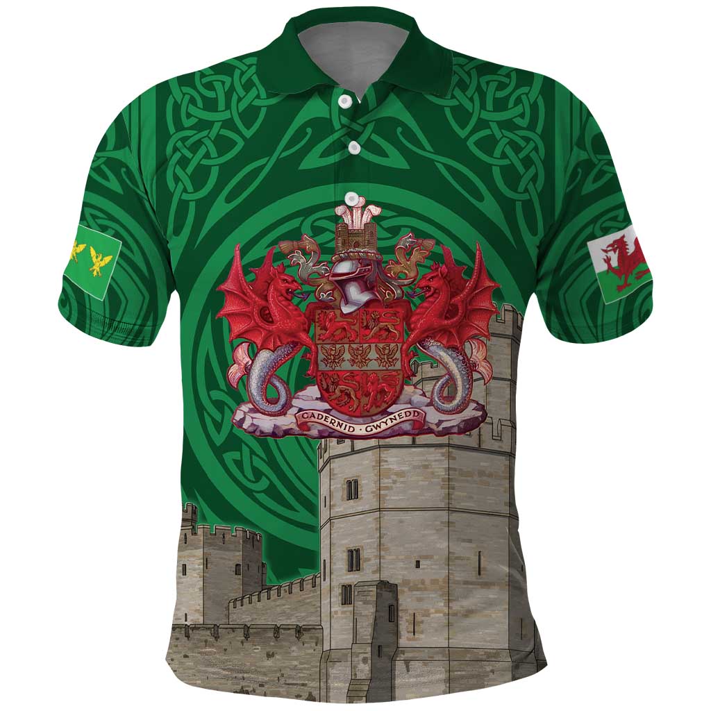Personalized Caernarfonshire Wales Polo Shirt Caernarfon Castle and Emblem Celtic Style LT19