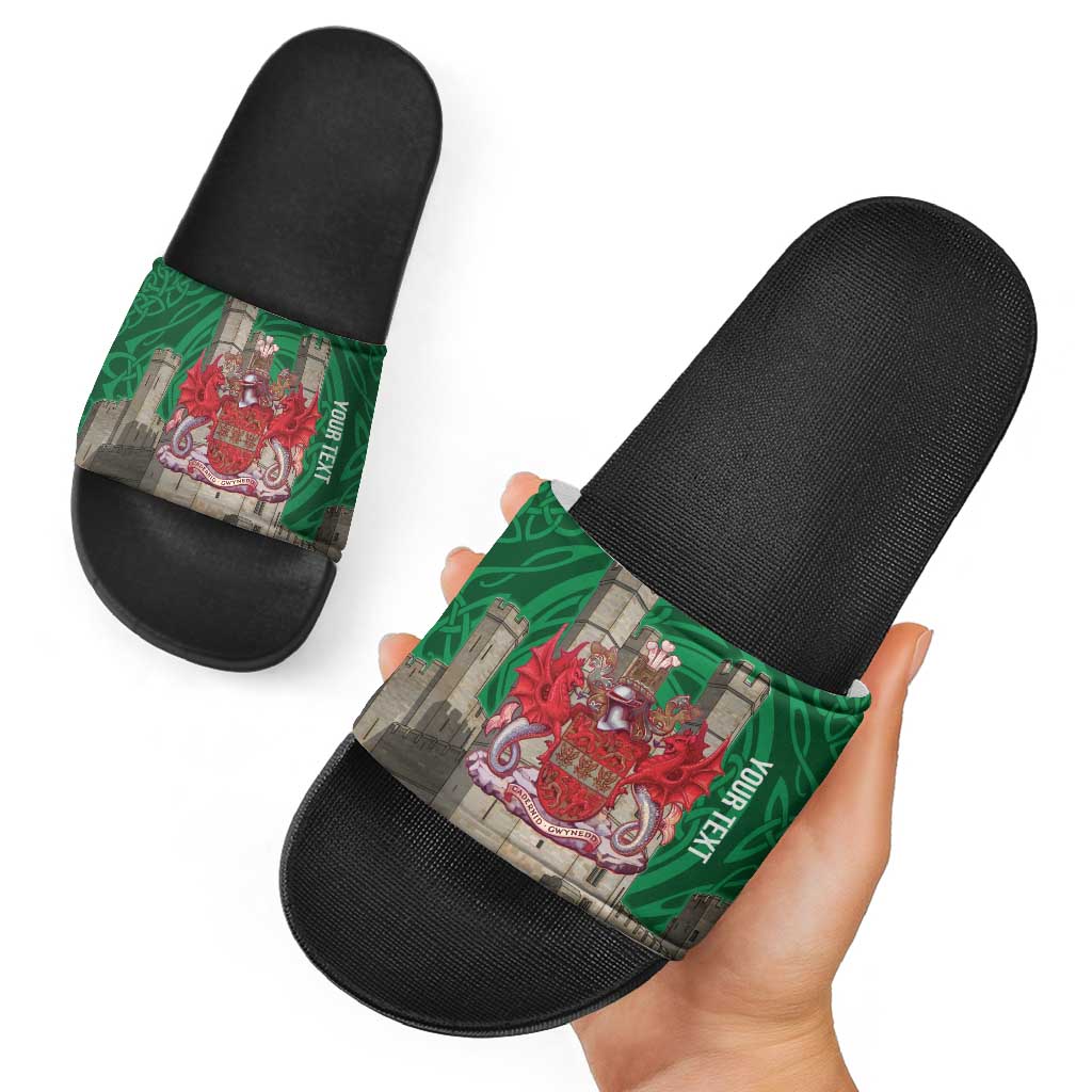 Personalized Caernarfonshire Wales Slide Sandals Caernarfon Castle and Emblem Celtic Style LT19