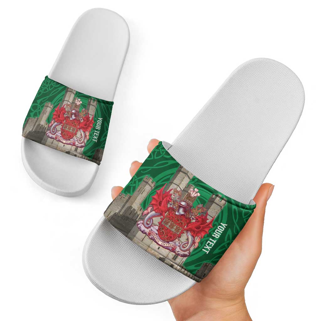 Personalized Caernarfonshire Wales Slide Sandals Caernarfon Castle and Emblem Celtic Style LT19
