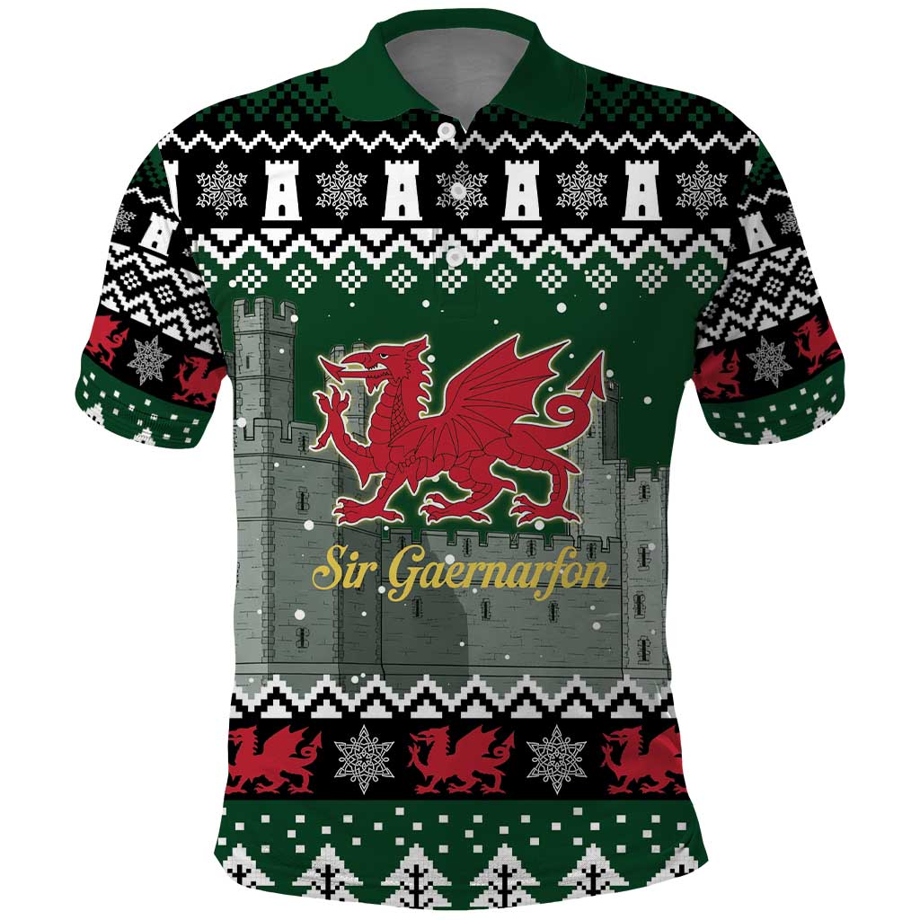 Caernarfonshire Wales Christmas Polo Shirt Caernarfon Castle Red Dragon LT19