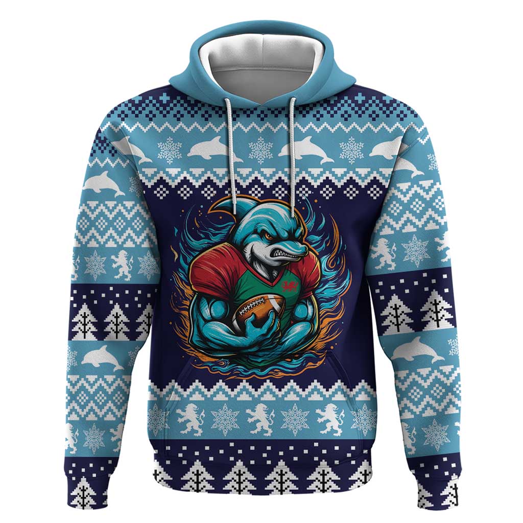 Cardiganshire Wales Christmas Hoodie Cardigan Bay Dolphin Rugby Design LT19
