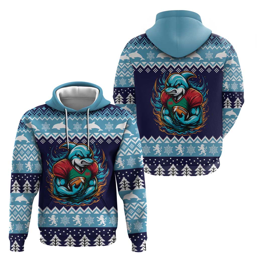 Cardiganshire Wales Christmas Hoodie Cardigan Bay Dolphin Rugby Design LT19