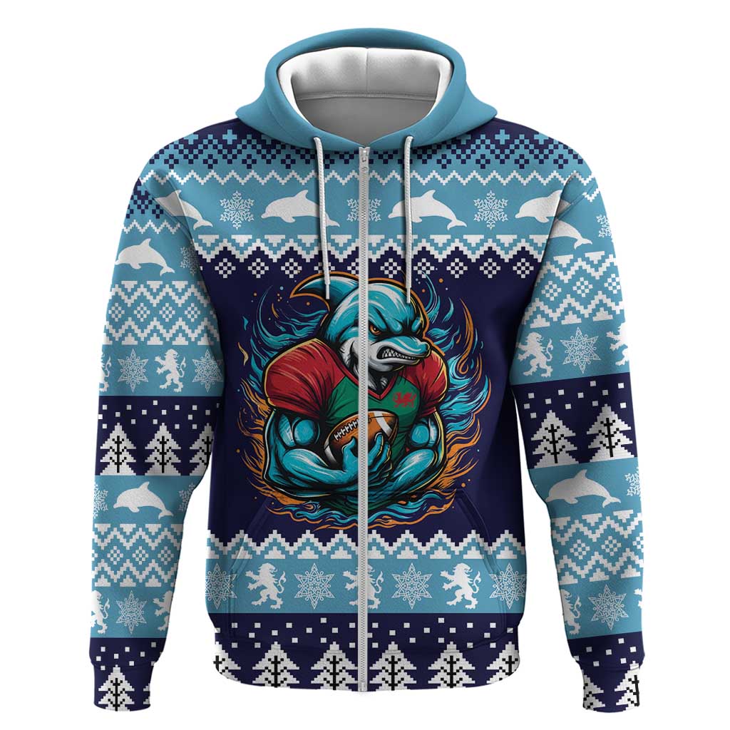 Cardiganshire Wales Christmas Hoodie Cardigan Bay Dolphin Rugby Design LT19
