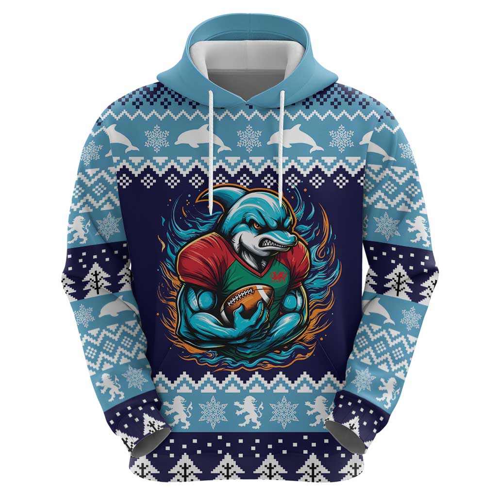 Cardiganshire Wales Christmas Hoodie Cardigan Bay Dolphin Rugby Design LT19