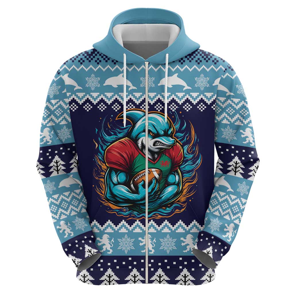 Cardiganshire Wales Christmas Hoodie Cardigan Bay Dolphin Rugby Design LT19