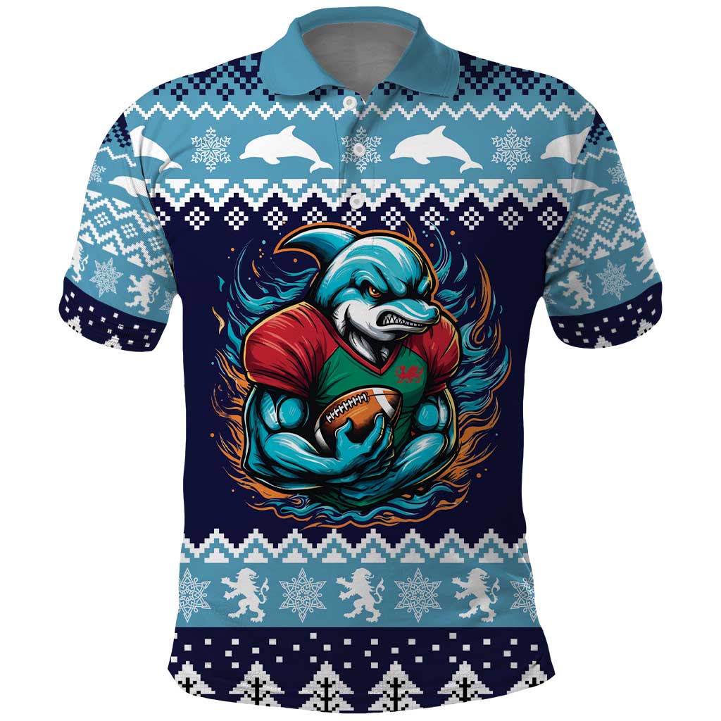 Cardiganshire Wales Christmas Polo Shirt Cardigan Bay Dolphin Rugby Design LT19