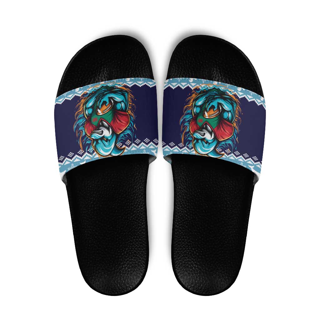 Cardiganshire Wales Christmas Slide Sandals Cardigan Bay Dolphin Rugby Design LT19