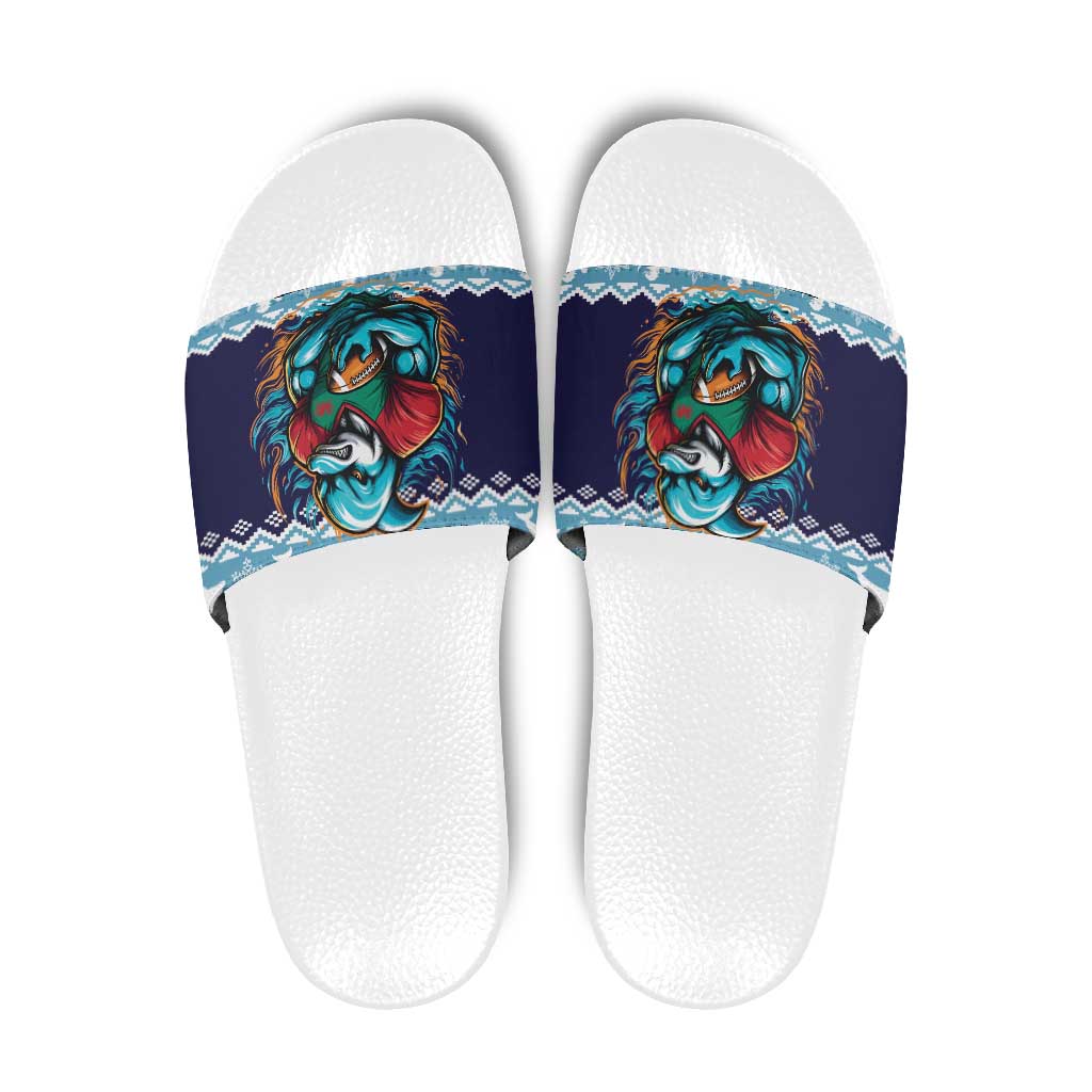 Cardiganshire Wales Christmas Slide Sandals Cardigan Bay Dolphin Rugby Design LT19