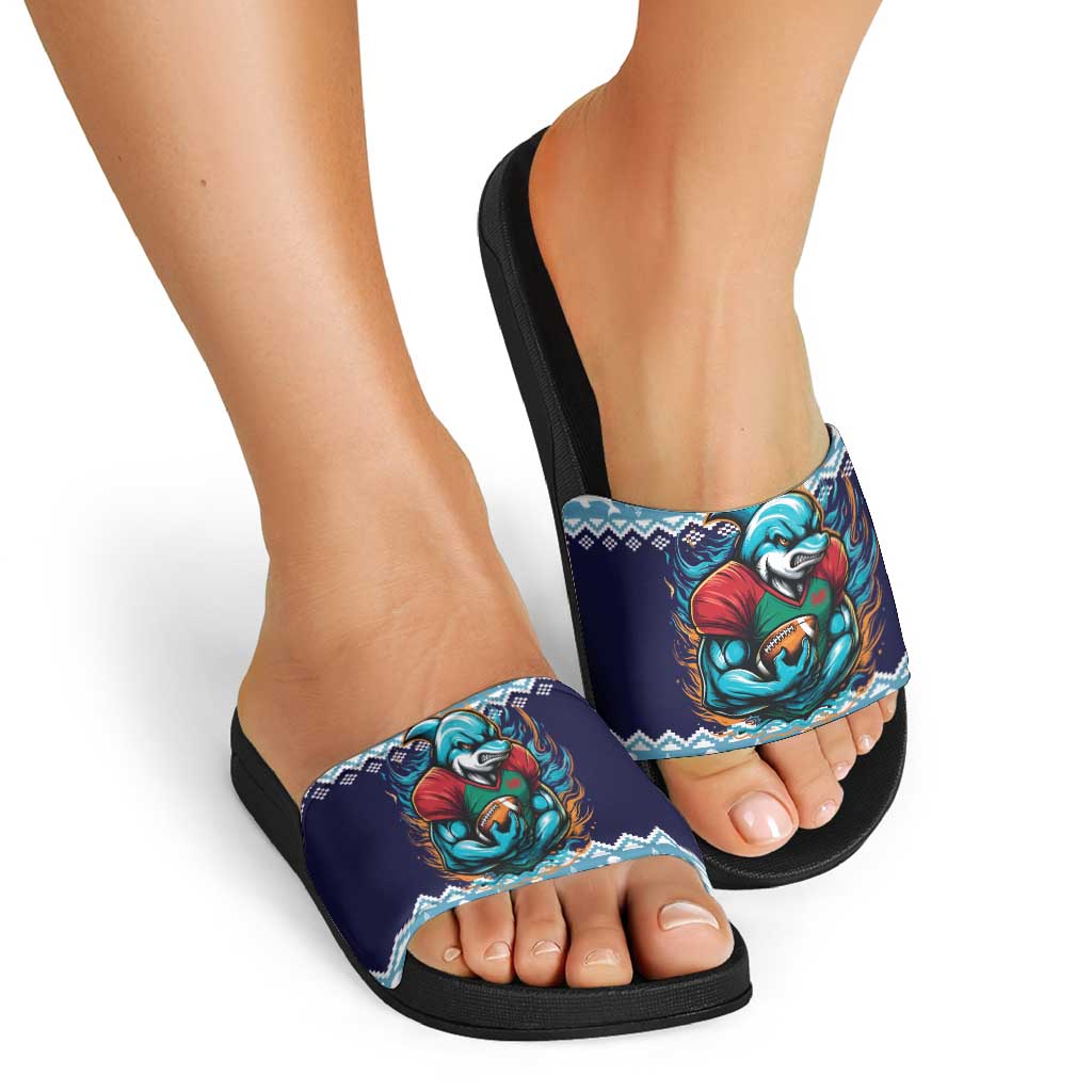 Cardiganshire Wales Christmas Slide Sandals Cardigan Bay Dolphin Rugby Design LT19