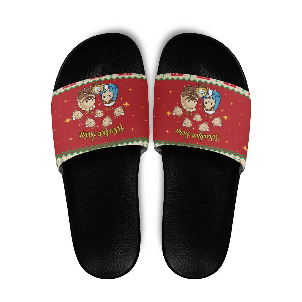 Poland Christmas Slide Sandals Polish Pierogi Mascot Nativity Scene LT19