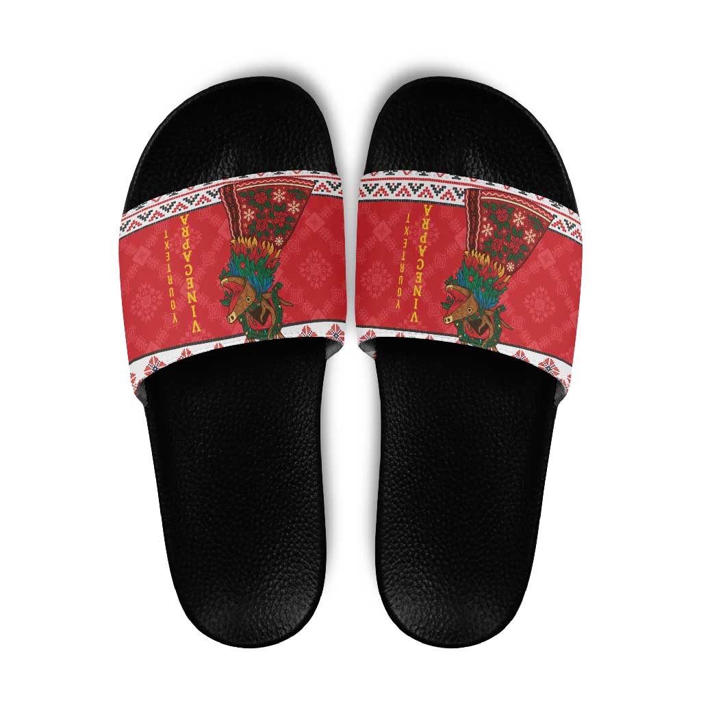 Personalized Romania Christmas Slide Sandals Romanian Carpet The Goat Dance LT19