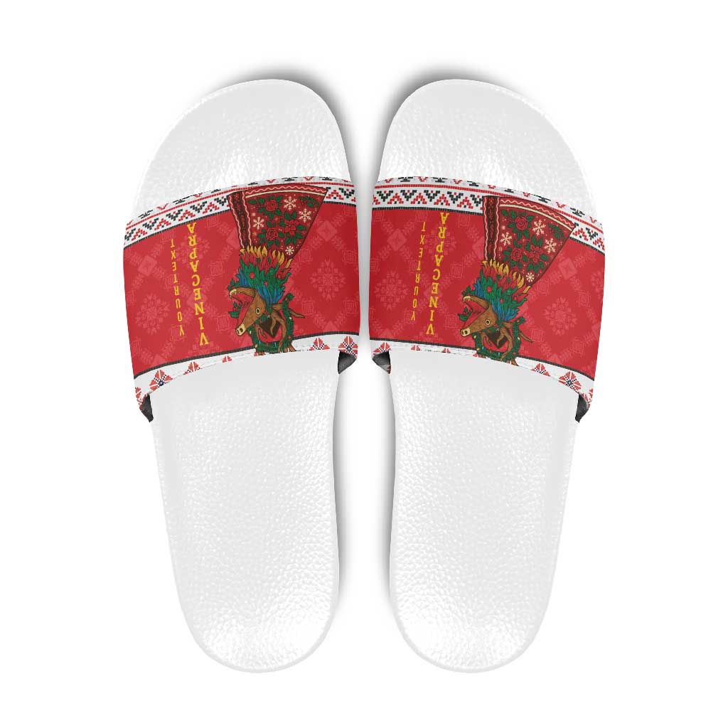 Personalized Romania Christmas Slide Sandals Romanian Carpet The Goat Dance LT19