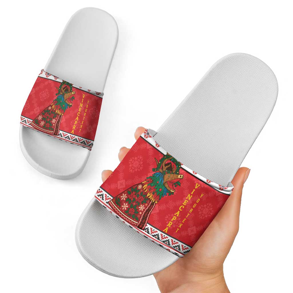 Personalized Romania Christmas Slide Sandals Romanian Carpet The Goat Dance LT19