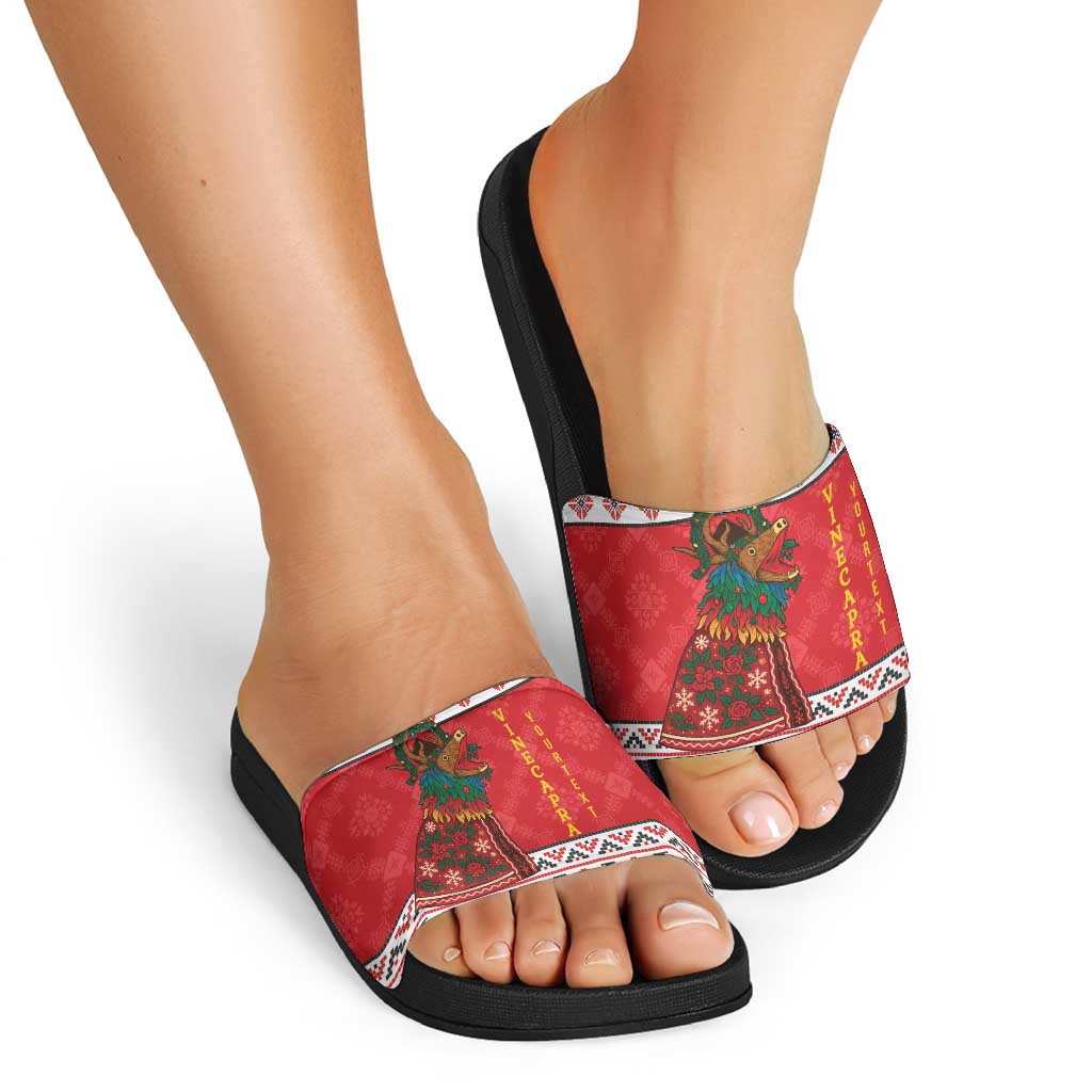 Personalized Romania Christmas Slide Sandals Romanian Carpet The Goat Dance LT19