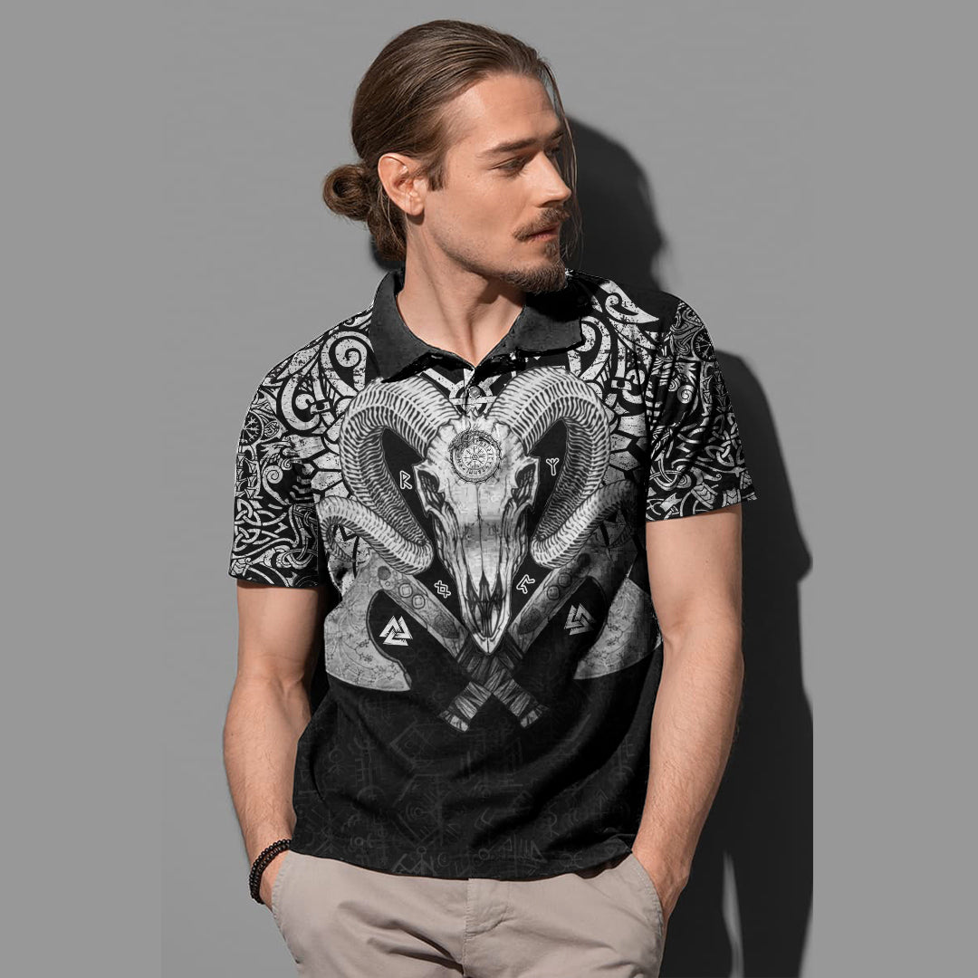 Viking Ram Skull Tattoo With Vegvisir and Valknut Polo Shirt RLT12