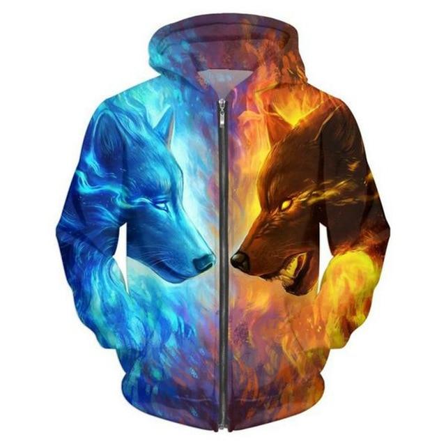 Wolves Ice and Fire 3D Zipper Native American Hoodies LT10