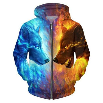 Wolves Ice and Fire 3D Zipper Native American Hoodies LT10